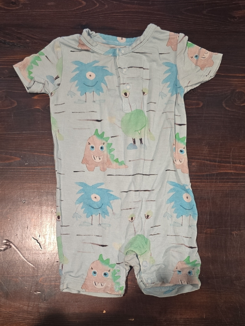 ​Birdie Bean "Vince" Monster Bamboo Shortie Henley Romper - 6-12M